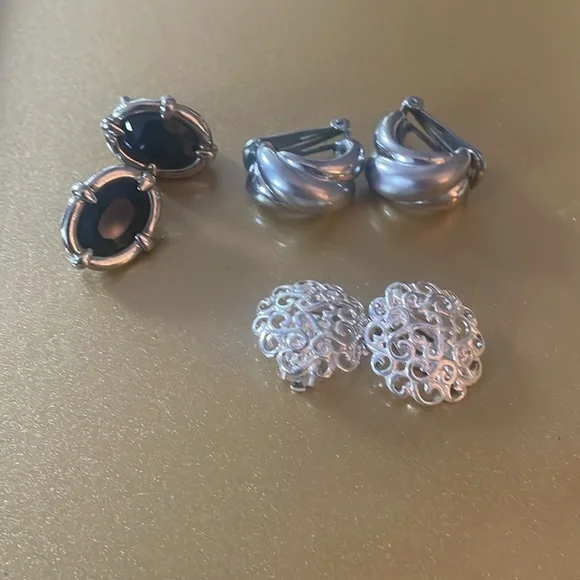 Vintage Silver Tone Clip On Earrings, Set of Three Pairs - Picture 2 of 6